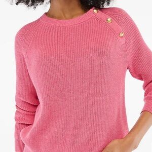 NWT, J Crew Women’s Button Raglan Crewneck Sweater in Heather Pink Coral, Large